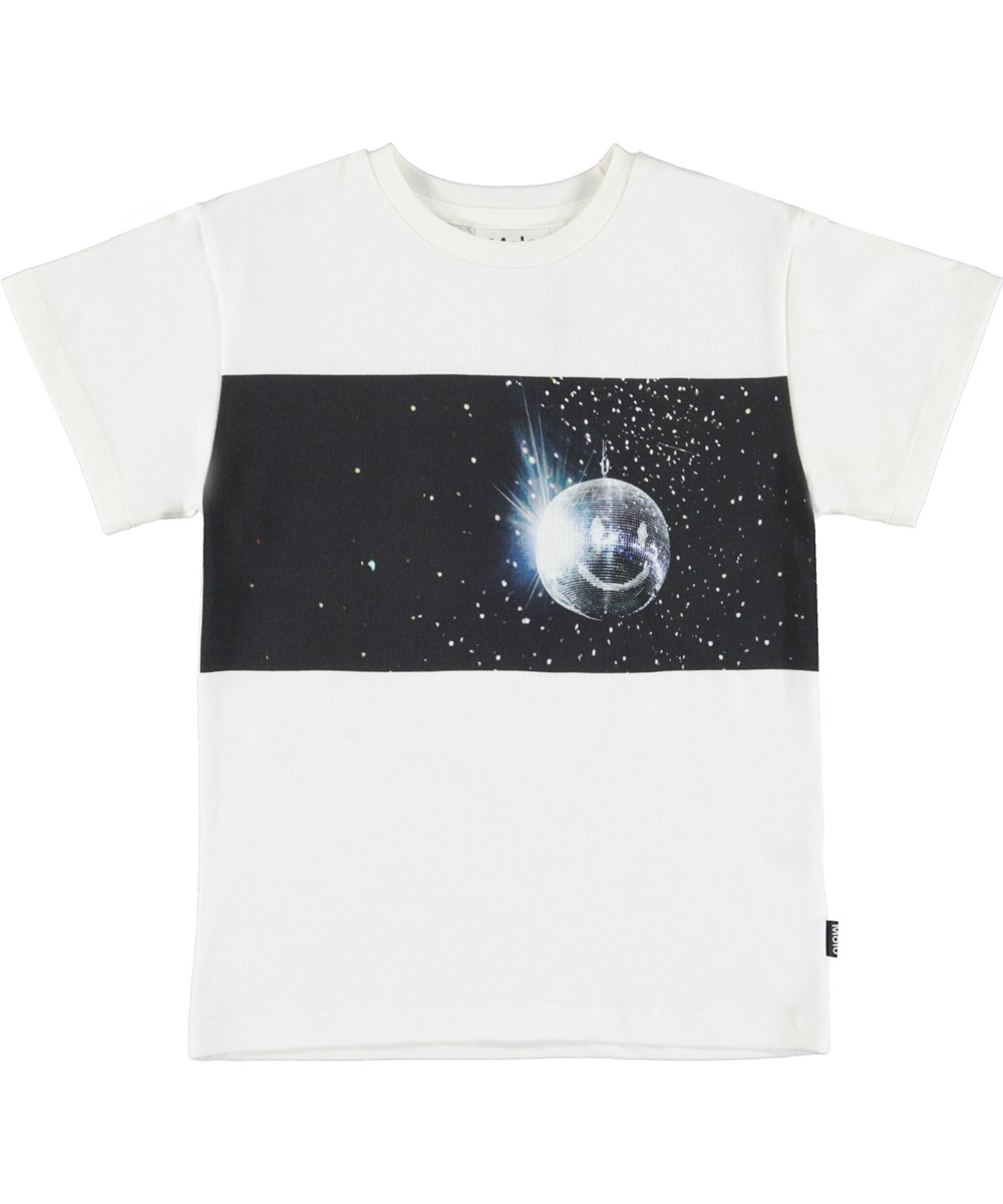 Rasmus - Disco Smile - White organic t-shirt with disco ball