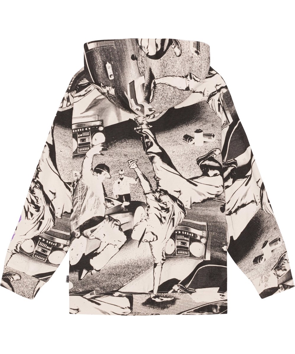 Ratata - Street Dancers - Light, natural coloured organic hoodie with black breakdancer all over print 