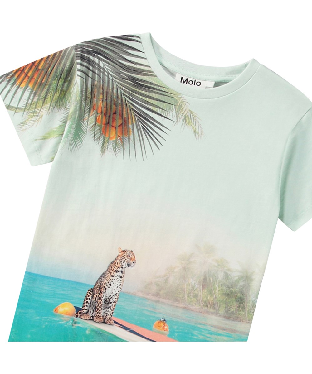 Raul - Leo On Surf - Light blue T-shirt for children made from organic cotton with short sleeves and ribbed neckline.