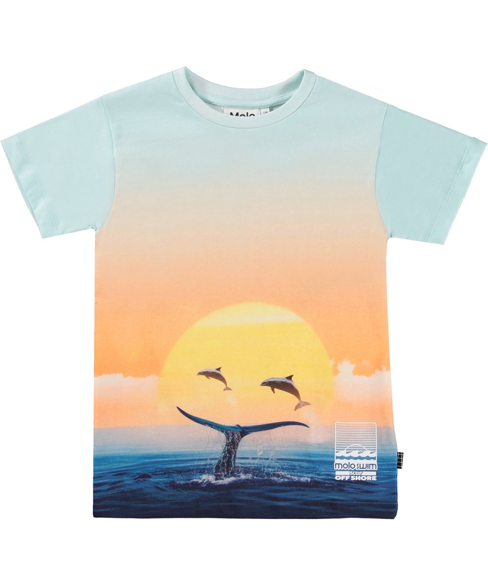 Raul - Ocean Smile - Blue and orange t-shirt in organic cotton with a whale and dolphin print 