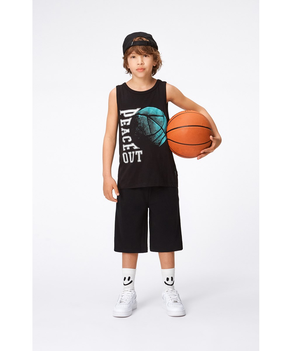 Rave - Pacific Basket - Black, organic tank top with basketball print