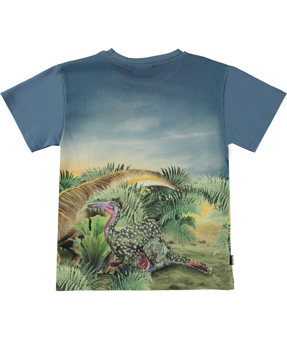 Raveno - Dino Friends - Blue organic t-shirt with placement dinosaur print