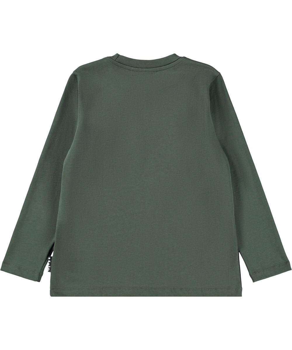 Reif - Bears In Cave - Dark green long-sleeved top for children made of soft organic cotton with long sleeves and a ribbed neckline. The long-sleeved top has a loose fit and a front print of a bear mother and her young in a cave.