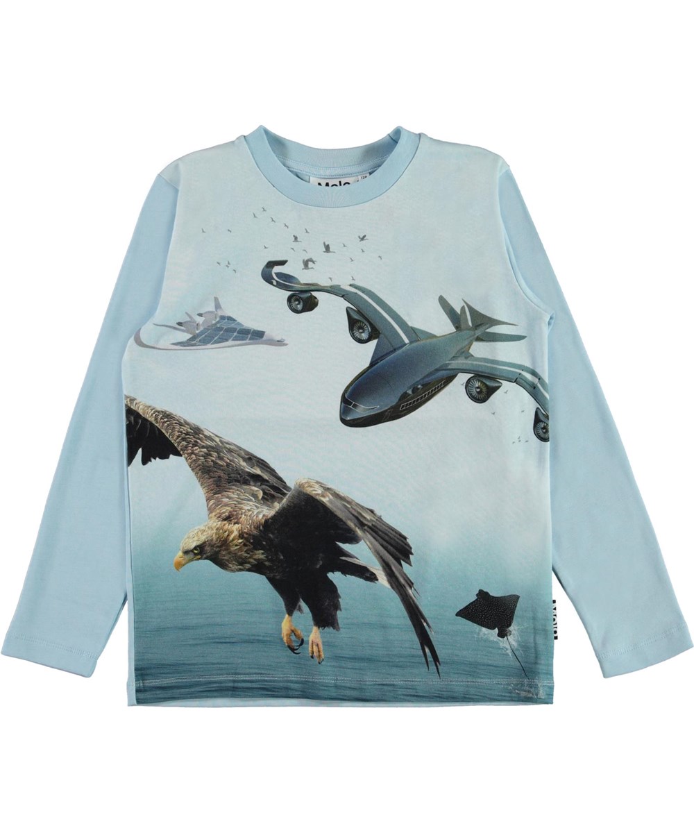 Reif - Biomimicry - Blue organic top with eagle and airplane print 