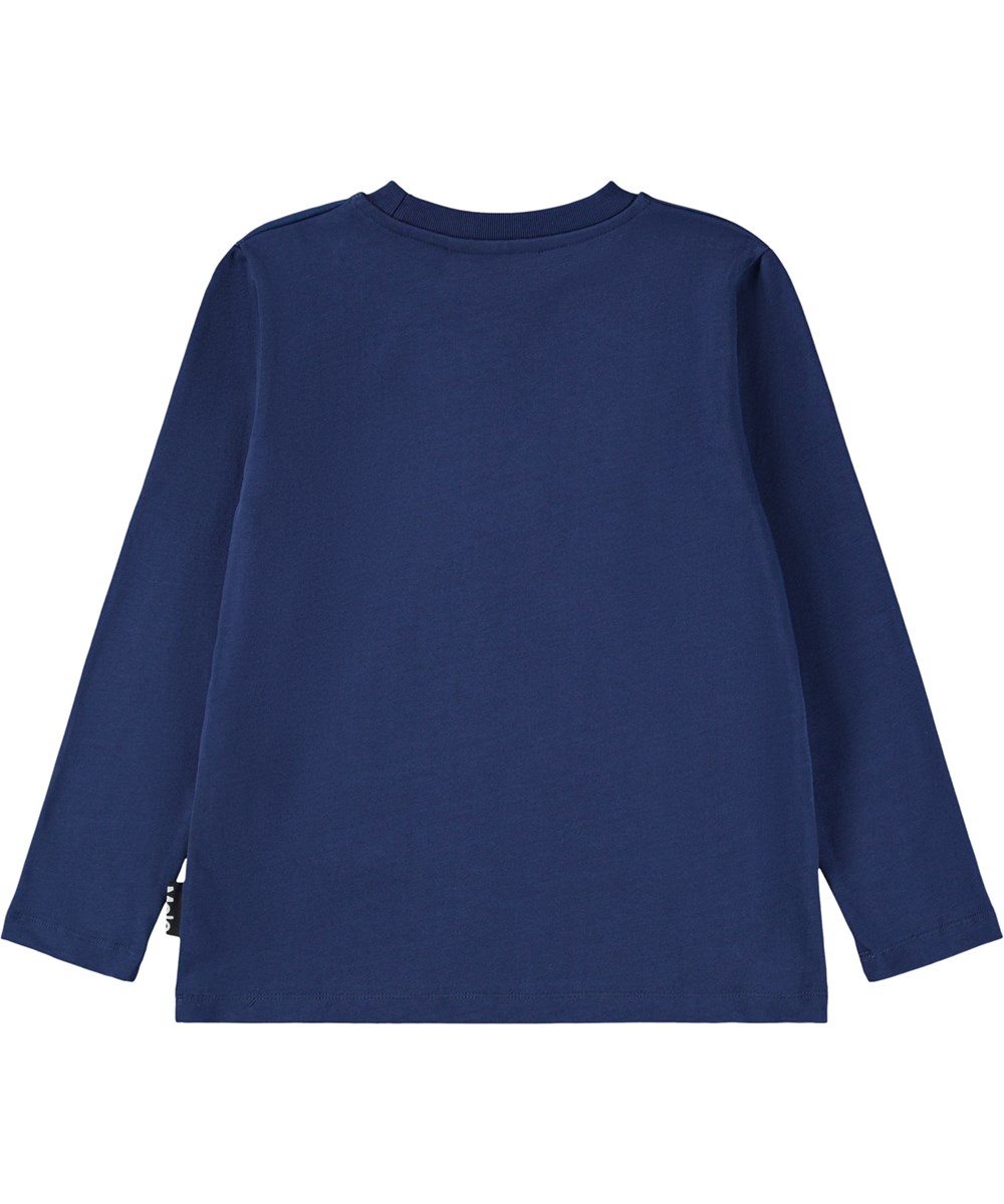 Reif - Blue Car - Dark blue long-sleeved top for children made of soft organic cotton with long sleeves and a ribbed neckline. The long-sleeved top has a loose fit and a front print of a blue sports car under a sky full of stars.