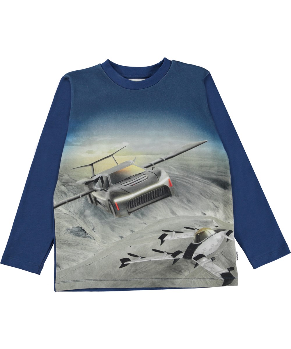 Reif - Fly Cars Blue - Dark blue organic t-shirt with flying car print