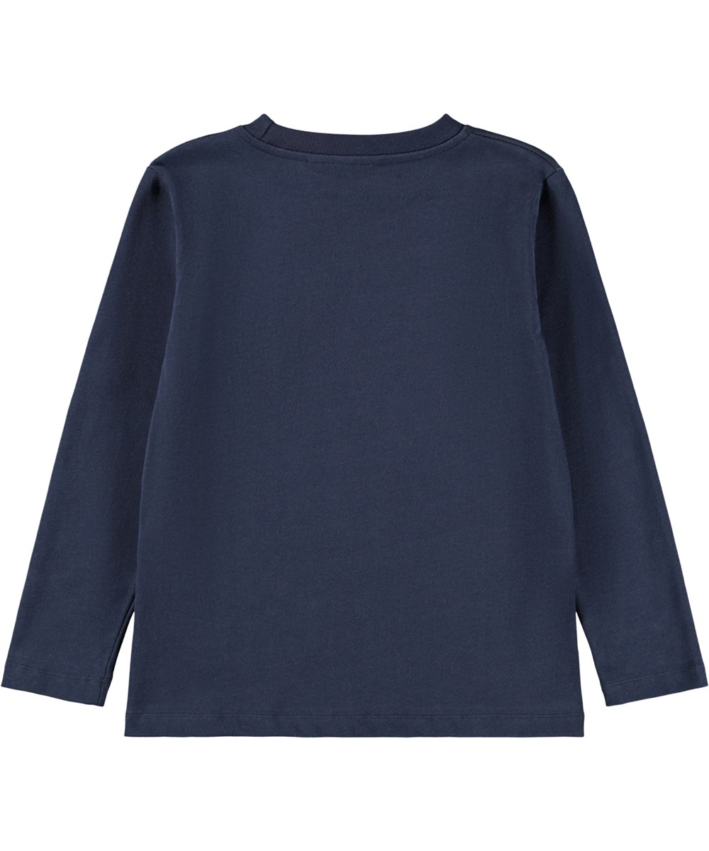 Reif - Meteor Dino - Dark blue long-sleeved top for children made of soft organic cotton with long sleeves and a ribbed neckline. The long-sleeved top has a loose fit and a front print of a tynarusaurus under a sky full of stars.
