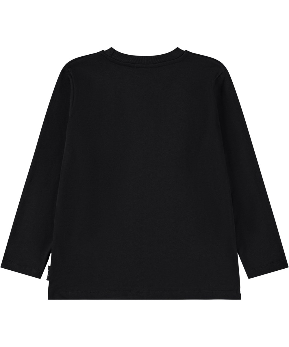 Reif - Moon Friends - Black long-sleeved top for children made of soft organic cotton with long sleeves and a ribbed neckline. The long-sleeved top has a loose fit and a front print of two happy dogs on the moon.
