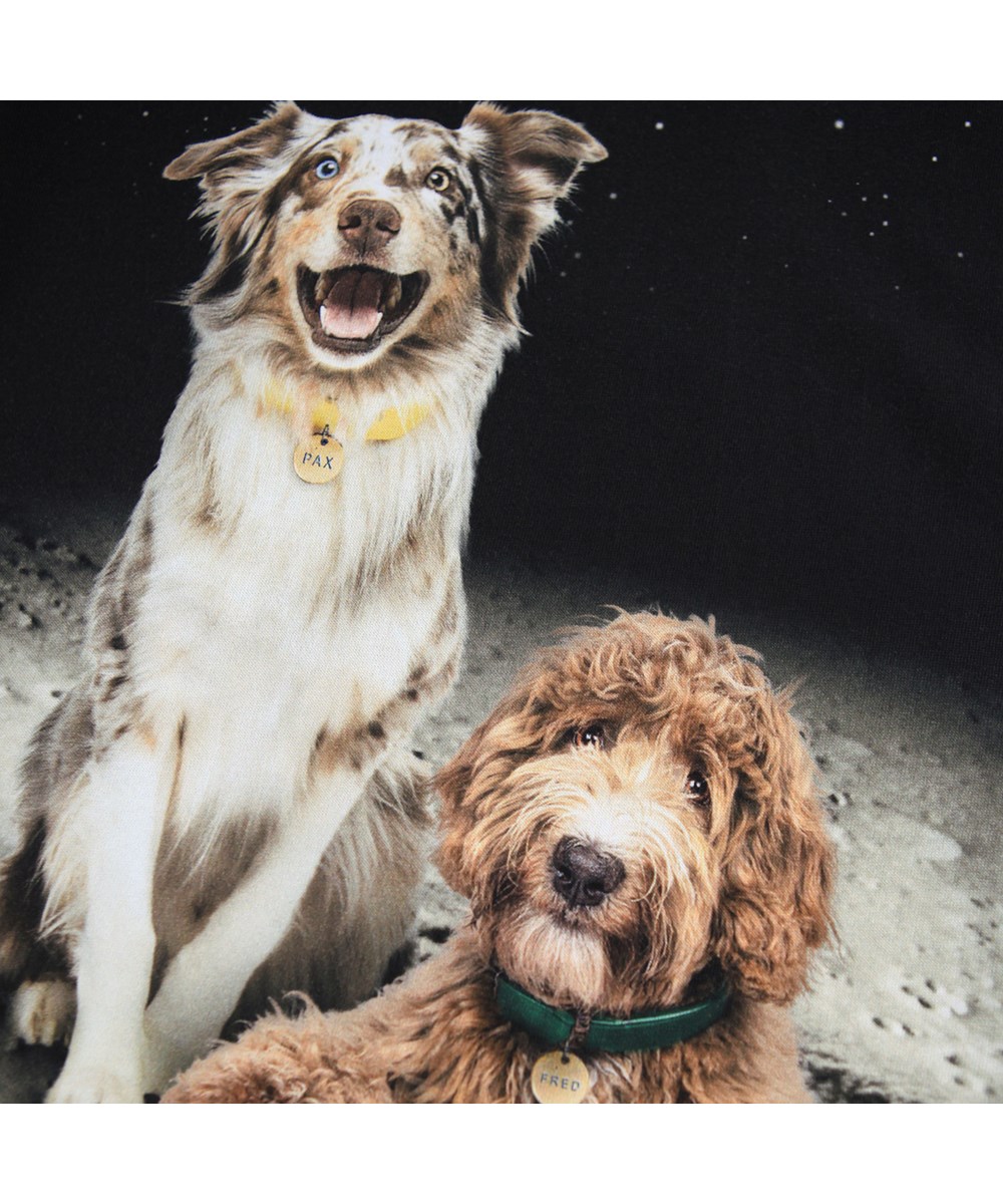 Reif - Moon Friends - Black long-sleeved top for children made of soft organic cotton with long sleeves and a ribbed neckline. The long-sleeved top has a loose fit and a front print of two happy dogs on the moon.