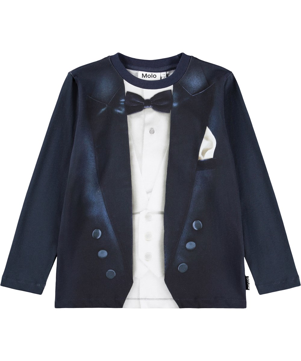 Reif - Tuxedo - Dark blue long-sleeved top for children made of soft organic cotton with long sleeves and a ribbed neckline. The long-sleeved top has a loose fit with an illusion print of a tuxedo.