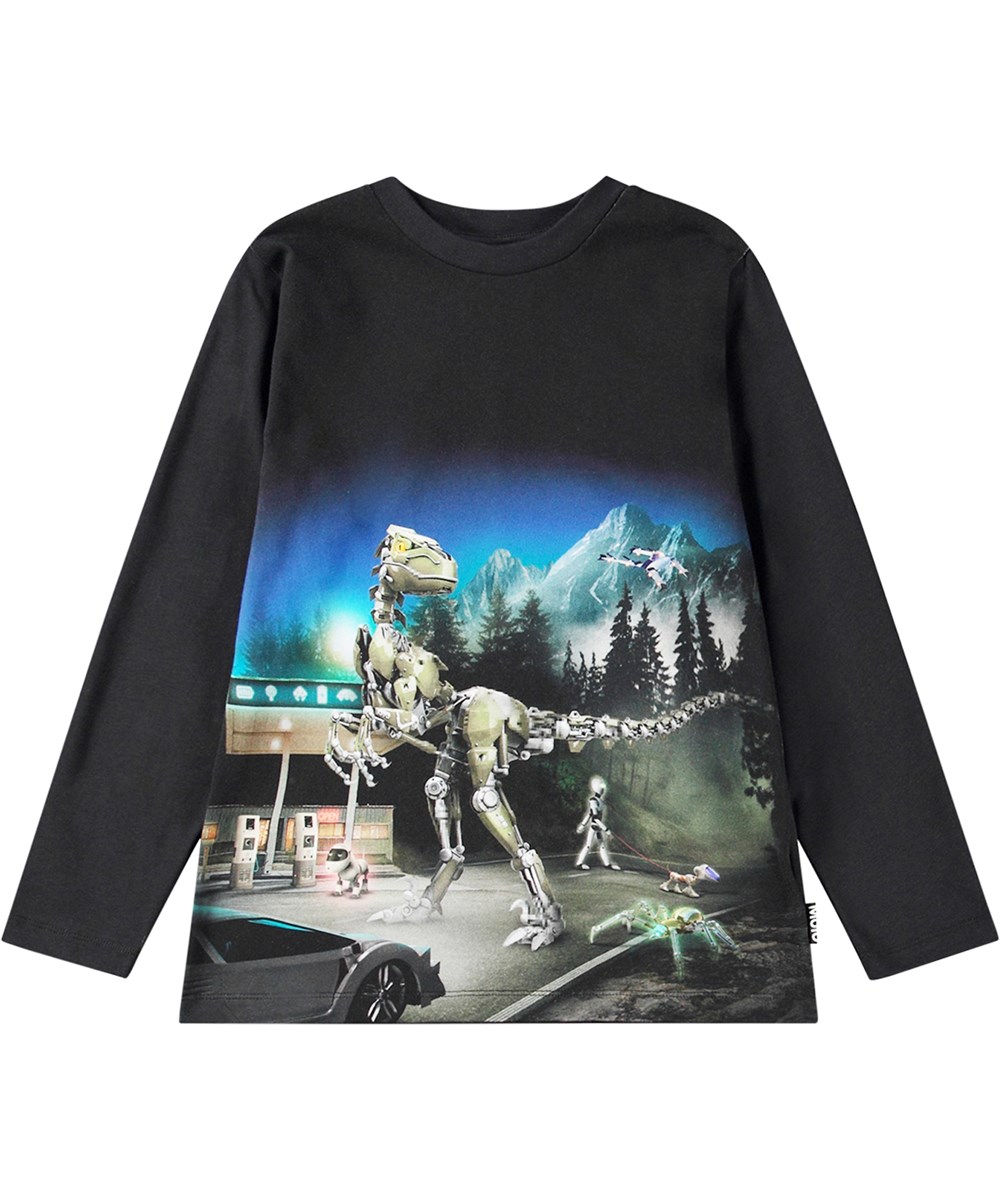Reif - Virtual Setting - Long-sleeved black top in organic cotton with printed robot dinosaur design.