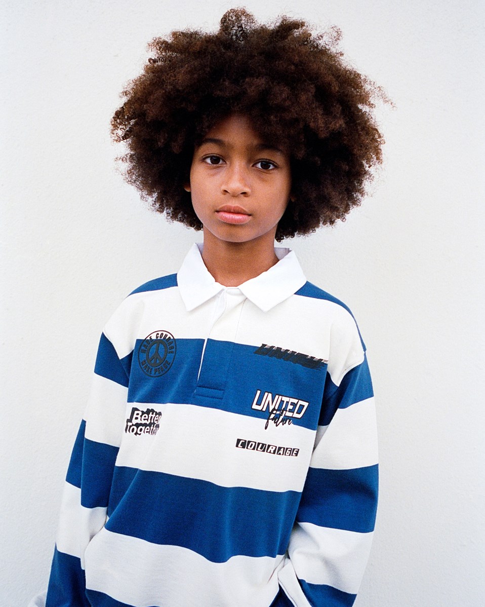 Relz - Blue Noise - Broad-striped blue and white rugby shirt for children in soft organic cotton.