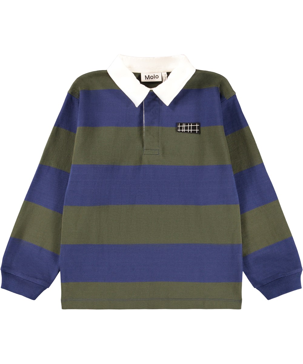 Relz - Forest Blue - Wide-striped blue and dark green rugby shirt for children made of soft organic cotton.