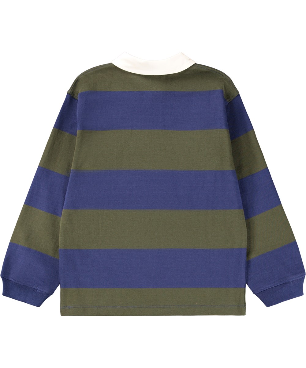 Relz - Forest Blue - Wide-striped blue and dark green rugby shirt for children made of soft organic cotton.