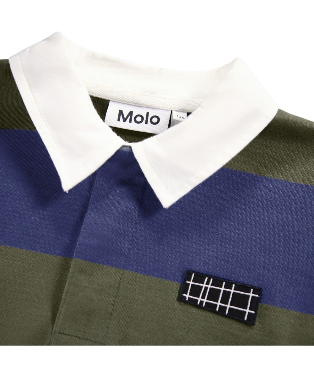 Relz - Forest Blue - Wide-striped blue and dark green rugby shirt for children made of soft organic cotton.