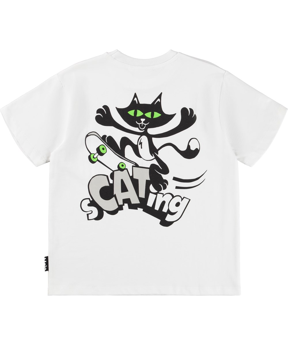 Rickey - Crisp White - White T-shirt made of soft organic cotton with short sleeves, a ribbed neckline and a back print of a cat on a skateboard and the text ''sCATing''.