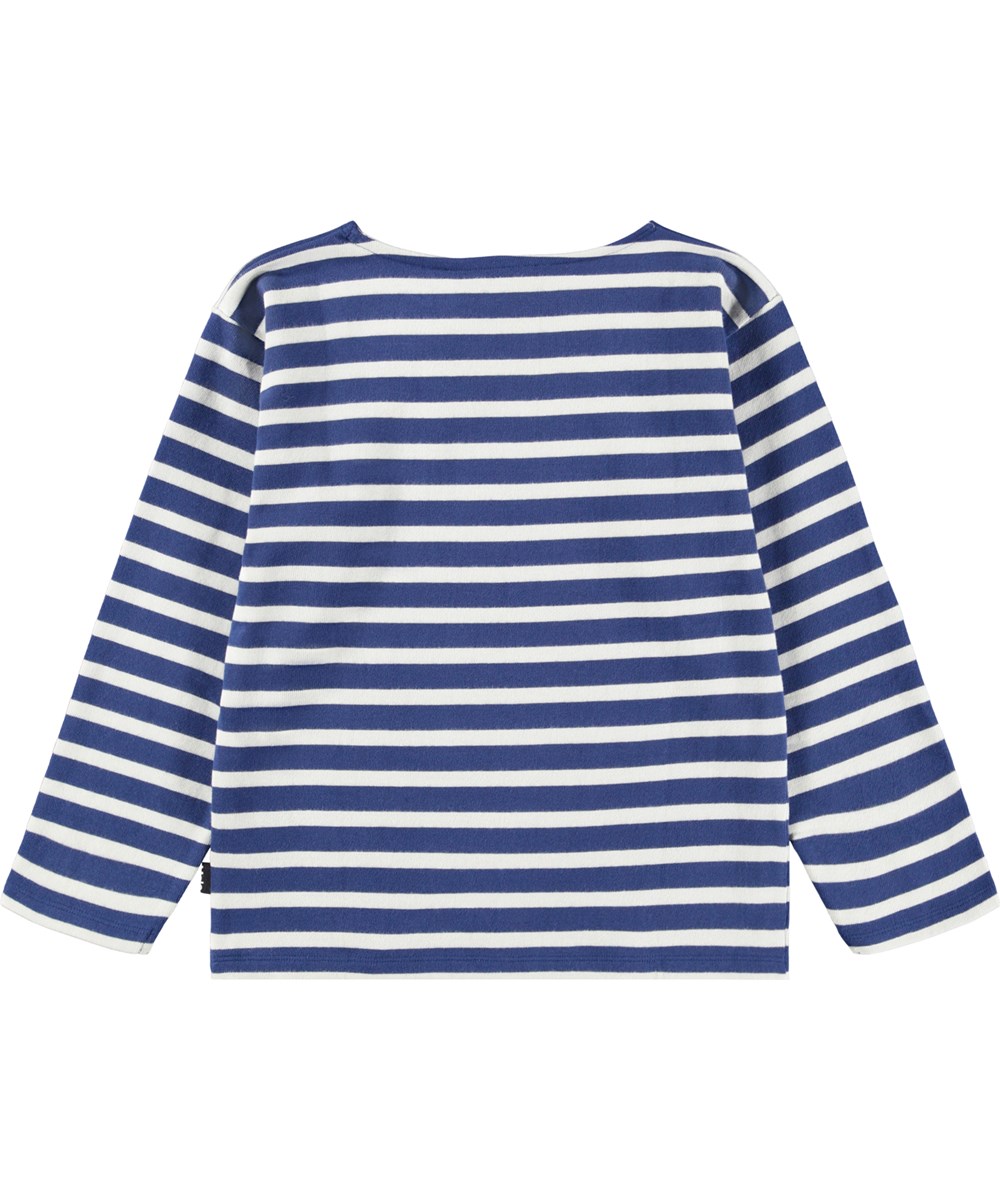 Rilder - Depth Stripe - Breton striped blue and white long-sleeved top for children made of soft organic cotton with long sleeves and inner neck tape.