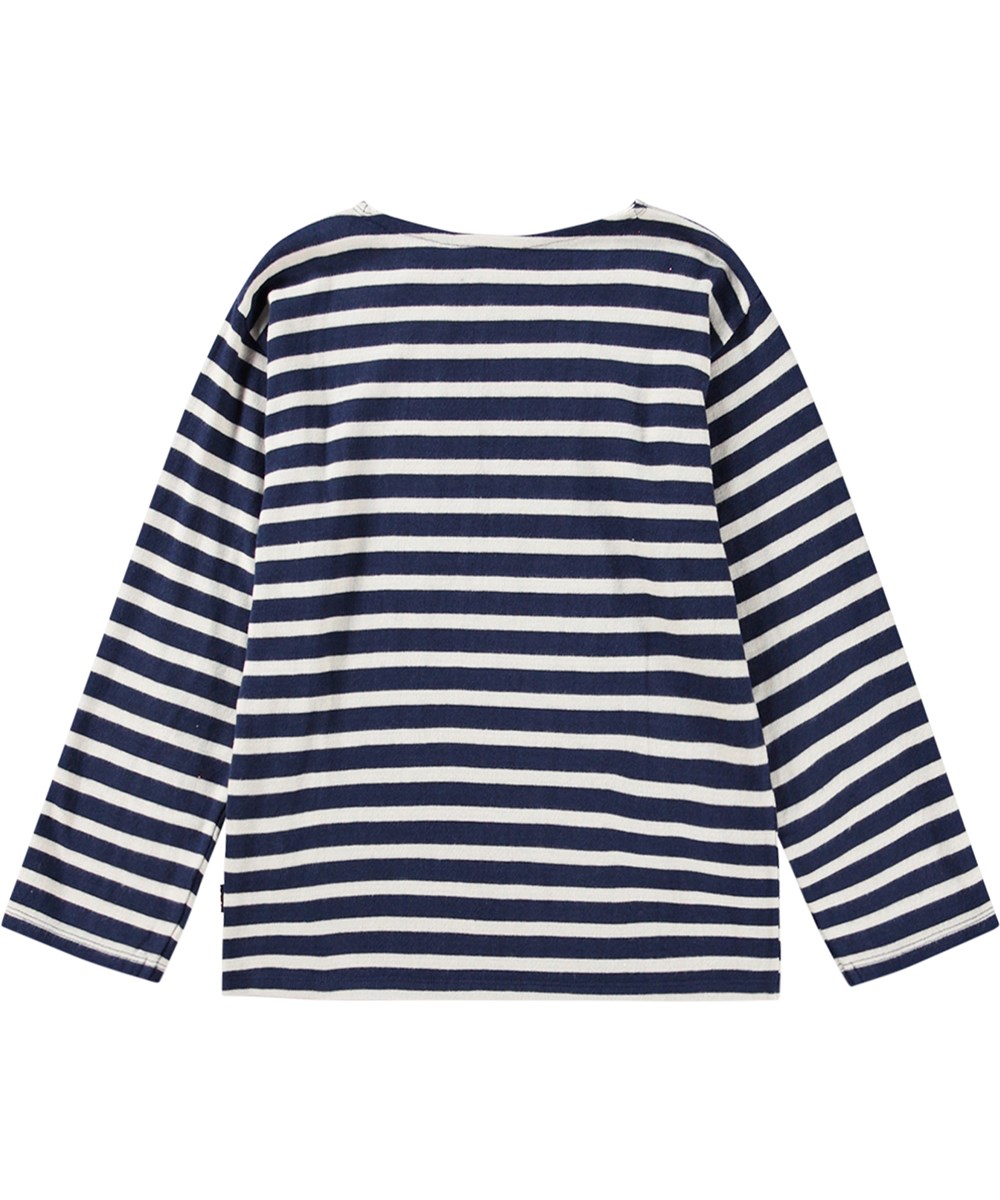 Rilder - Oceanic Stripe - Dark blue and white striped organic cotton top with peace embroidery.