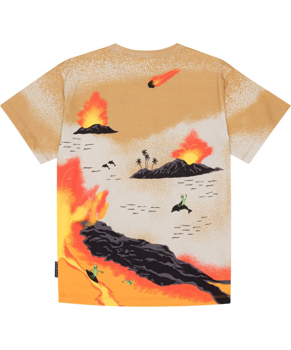 Riley - Alien Tourists - Yellow and sand coloured, organic t-shirt with alien surfer placement print