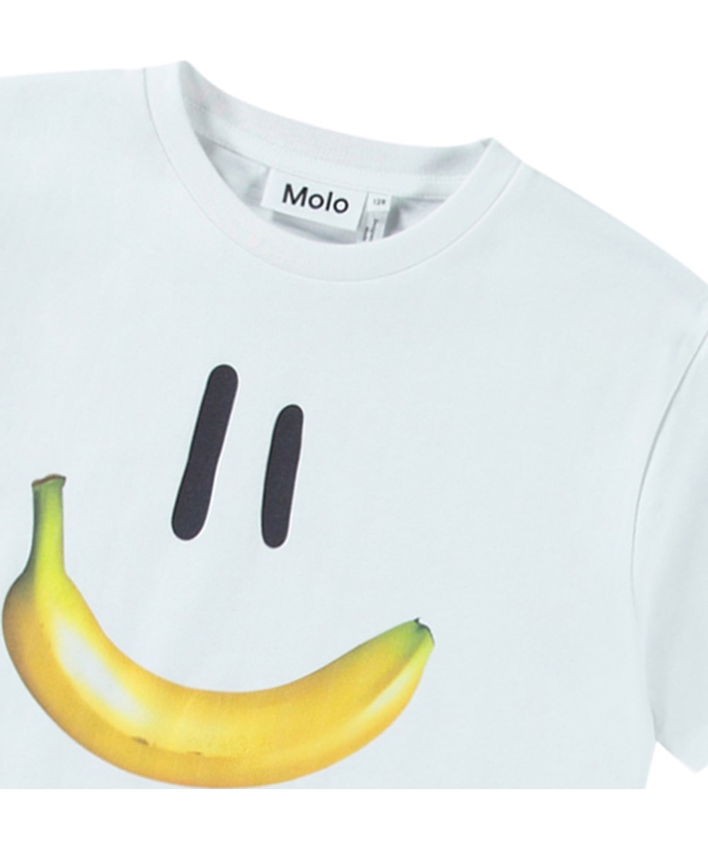 Riley - Banana Smile - White t-shirt with print for children in soft organic cotton with short sleeves and ribbed neckline.