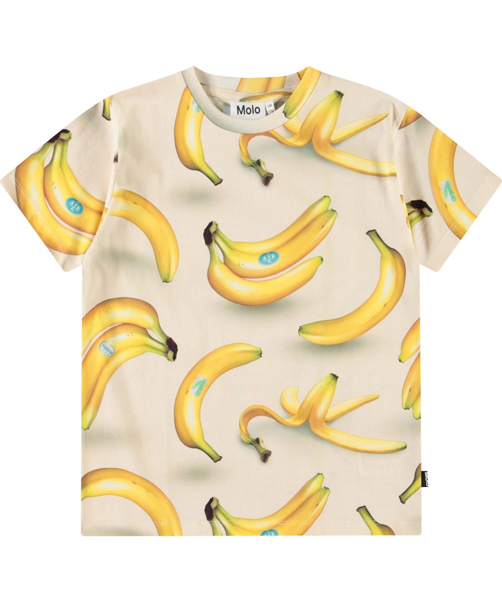 Riley - Bananas - Beige t-shirt with print for children in soft organic cotton with short sleeves and ribbed neckline.