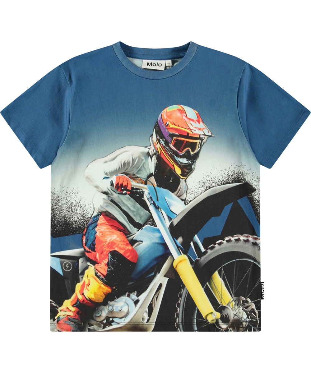 Riley - Big MC Blue - Blue t-shirt with print for children in soft organic cotton with short sleeves and ribbed neckline.