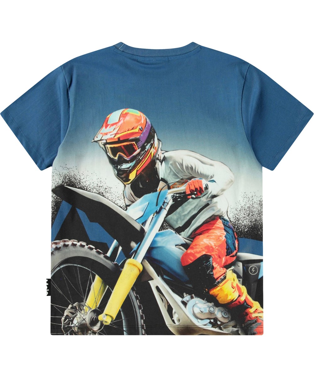Riley - Big MC Blue - Blue t-shirt with print for children in soft organic cotton with short sleeves and ribbed neckline.