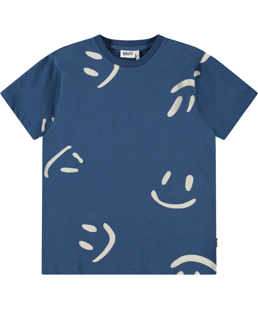 Riley - Big Smiles Blue - Blue t-shirt with print for children in soft organic cotton with short sleeves and ribbed neckline.