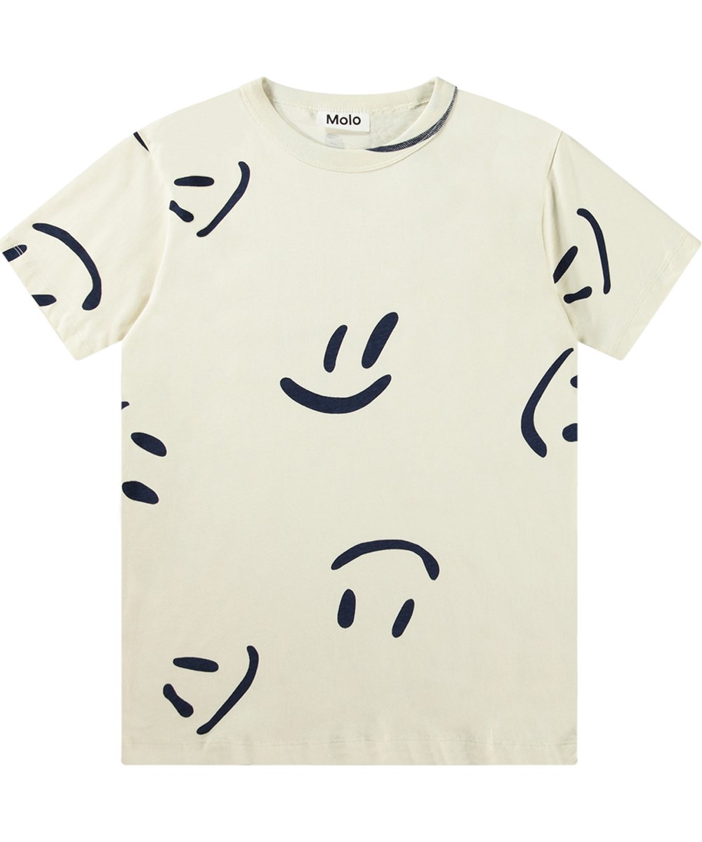 Riley - Big Smiles Light - Off-white T-shirt in organic cotton with smiling faces print.