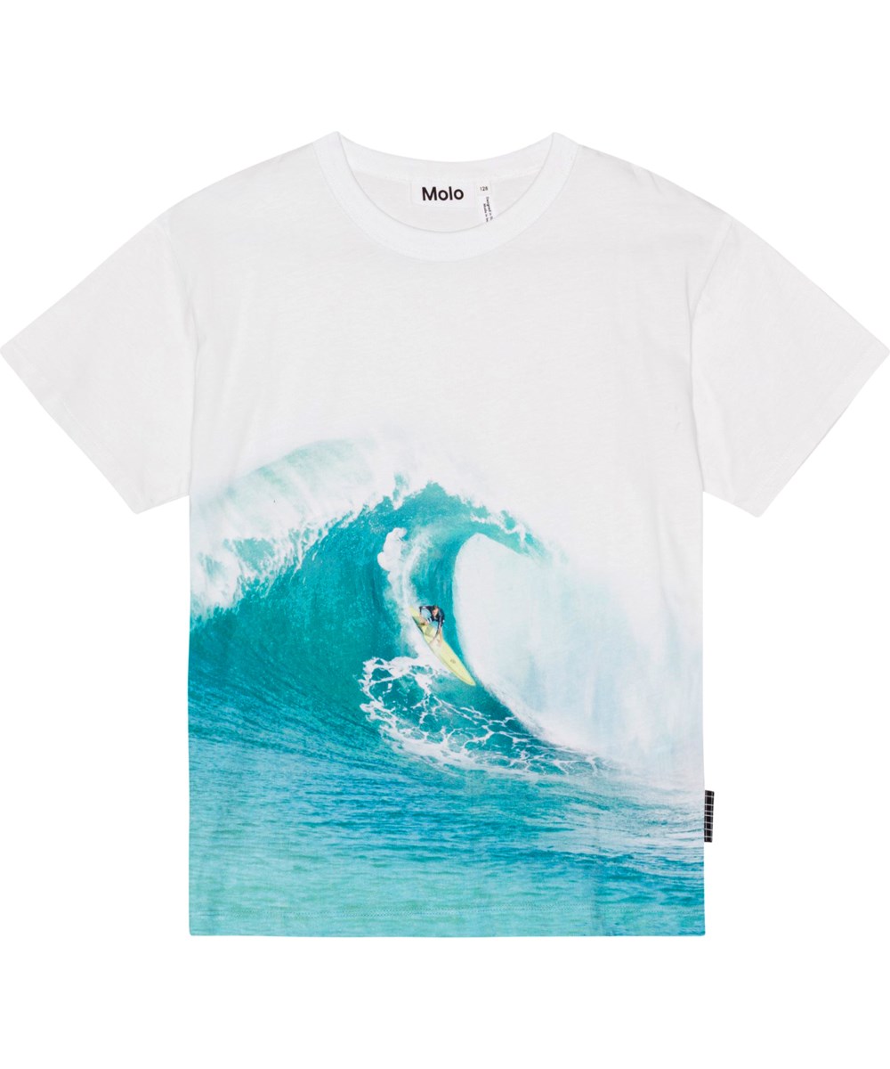 Riley - Big Wave - White, organic t-shirt with surfer placement print