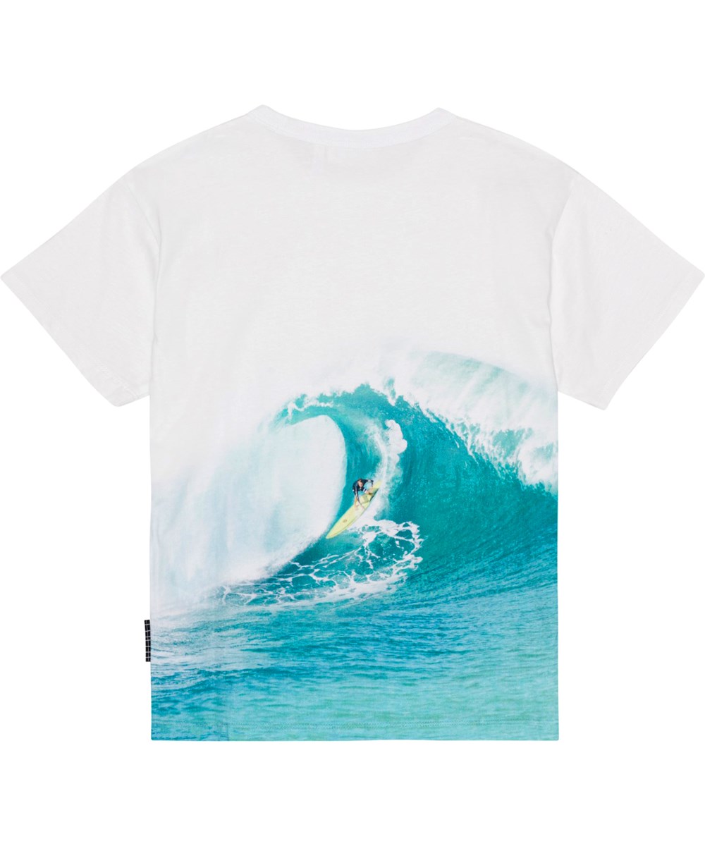 Riley - Big Wave - White, organic t-shirt with surfer placement print