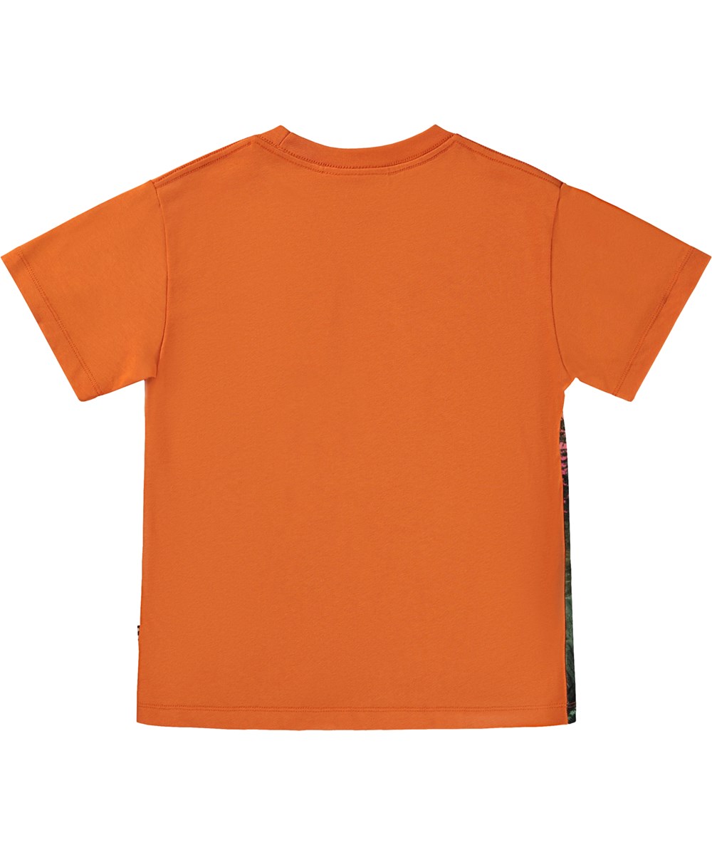 Riley - Dino Lake - Orange organic t-shirt with dinosaur print