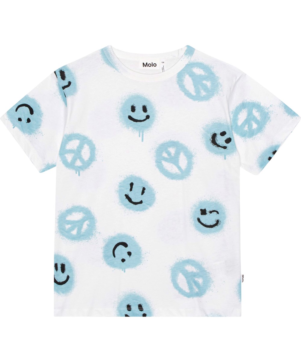 Riley - Easy Peacy Pool - White, organic t-shirt in all over print with smiling faces and peace sign