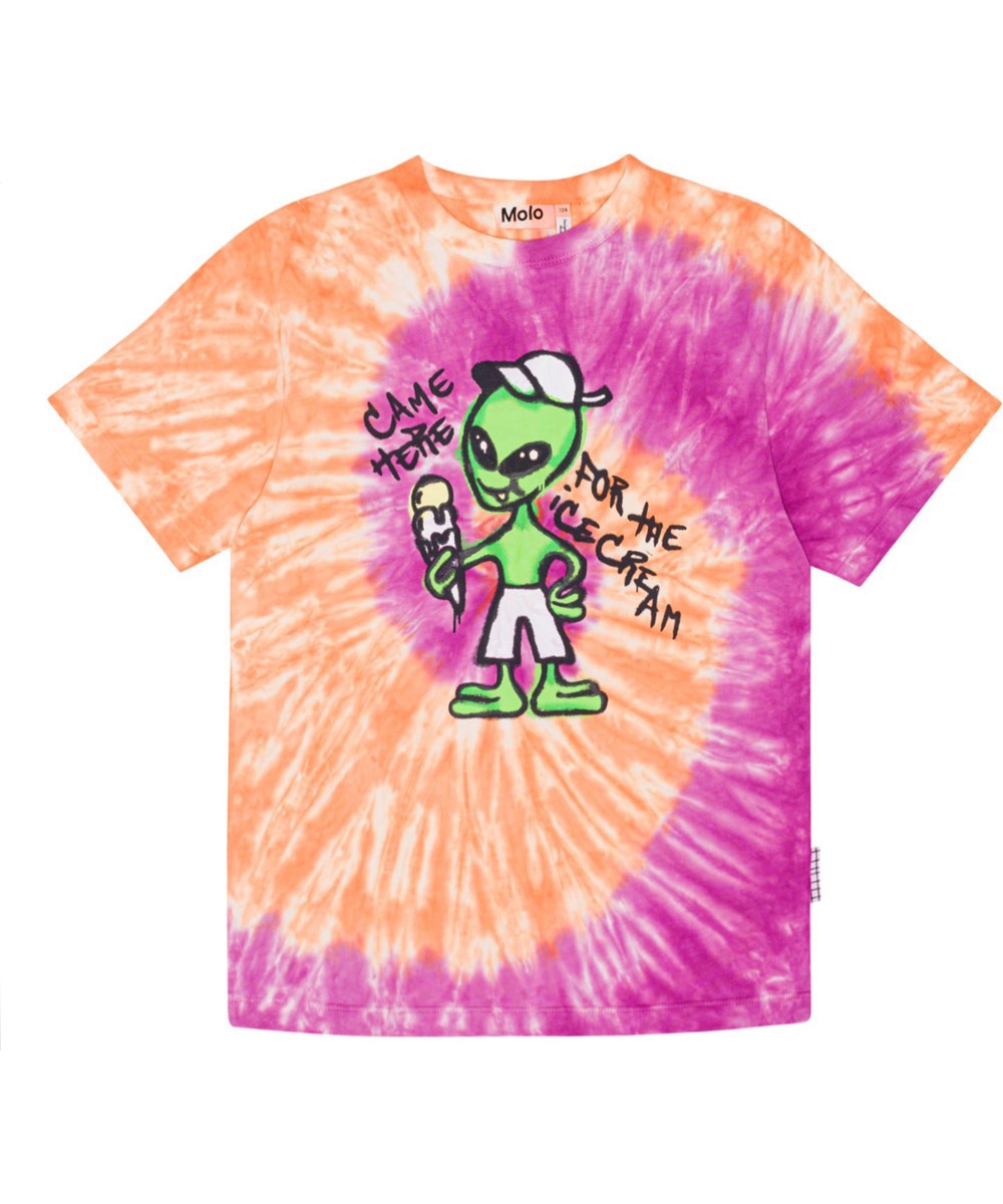 Riley - Ember Purple Dye - Orange and purple-pink, oragnic t-shirt with tie-dye and alien print