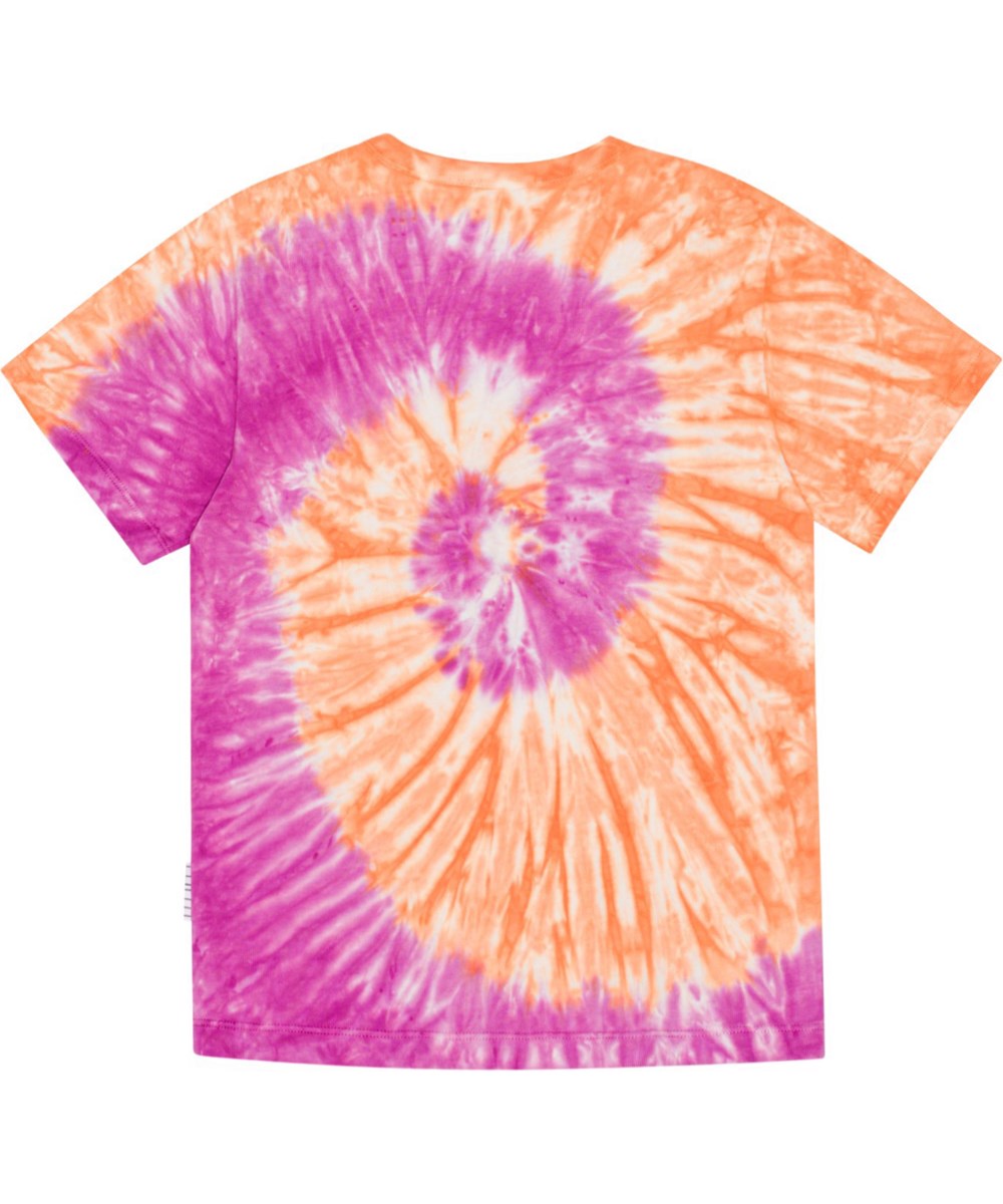 Riley - Ember Purple Dye - Orange and purple-pink, oragnic t-shirt with tie-dye and alien print