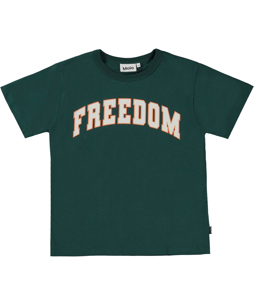 Riley - Fantasy Forest - Dark green organic t-shirt with Freedom print