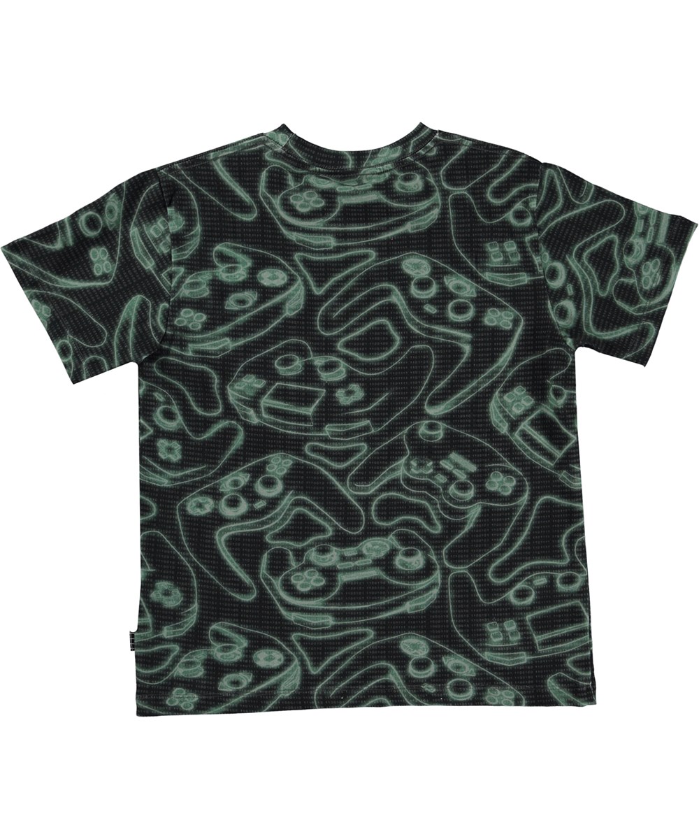 Riley - Glowing Consoles - Black organic t-shirt with green console print 