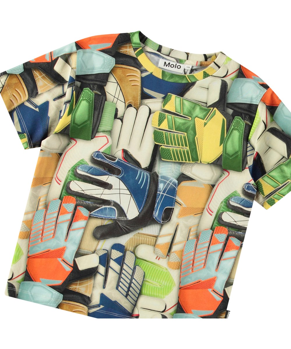 Riley - Goalie Gloves - Colourful t-shirt with print for children in soft organic cotton with short sleeves and ribbed neckline.