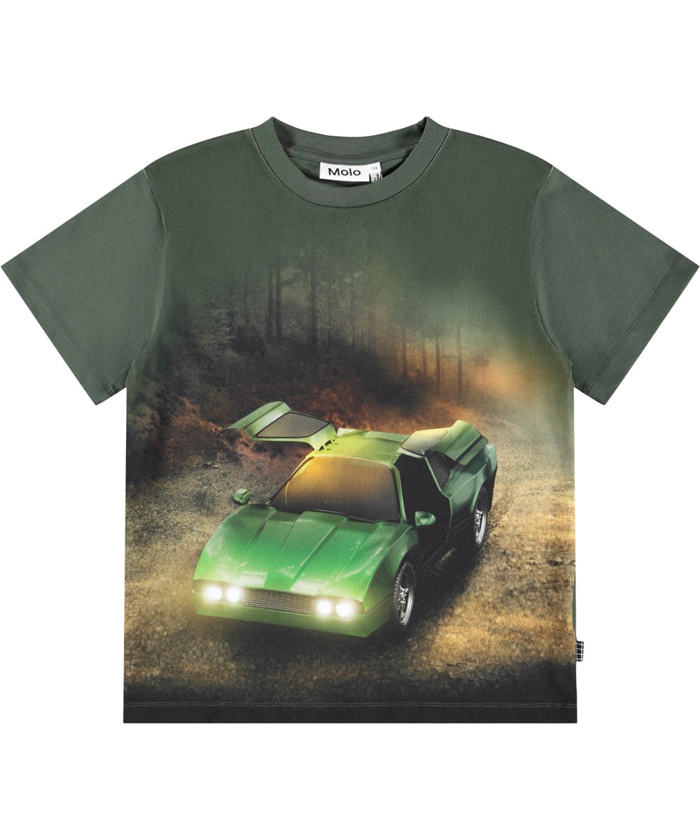 Riley - Green Car - Dark green T-shirt made of soft organic cotton with a print, short sleeves and a ribbed neckline.