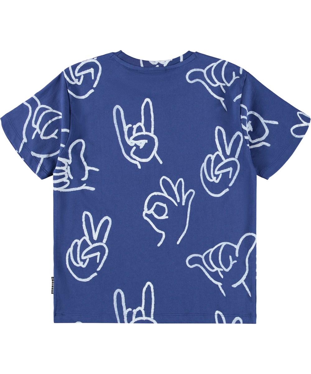 Riley - Handdrawn - Blue T-shirt for children made of soft organic cotton with print, short sleeves and ribbed neckline.