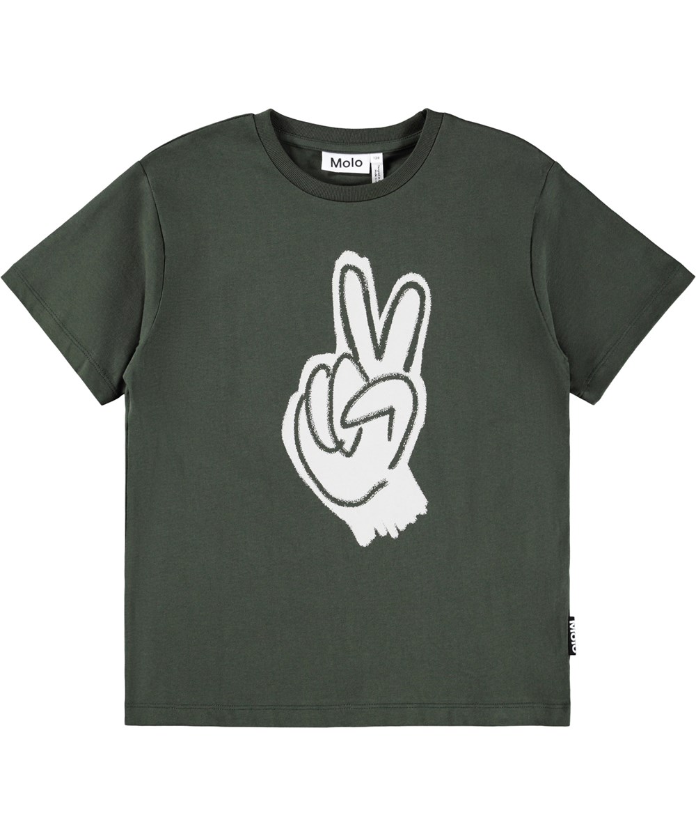 Riley - Handy Peace - Dark green T-shirt for children made of soft organic cotton with print, short sleeves and ribbed neckline.