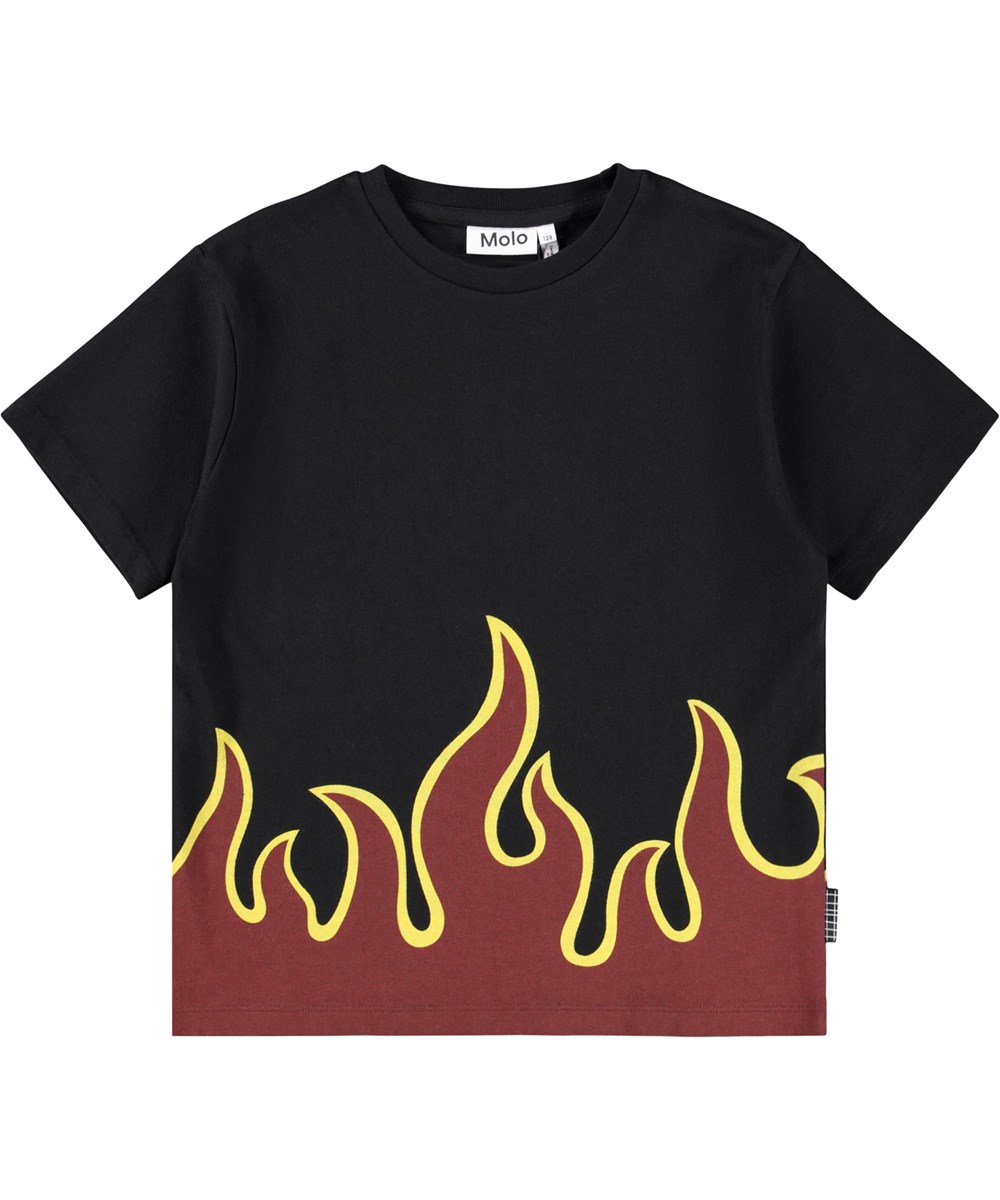 Riley - Hot - Black T-shirt for children made of soft organic cotton with short sleeves and a ribbed neckline and a flame print at the waist in burgundy and yellow colors.