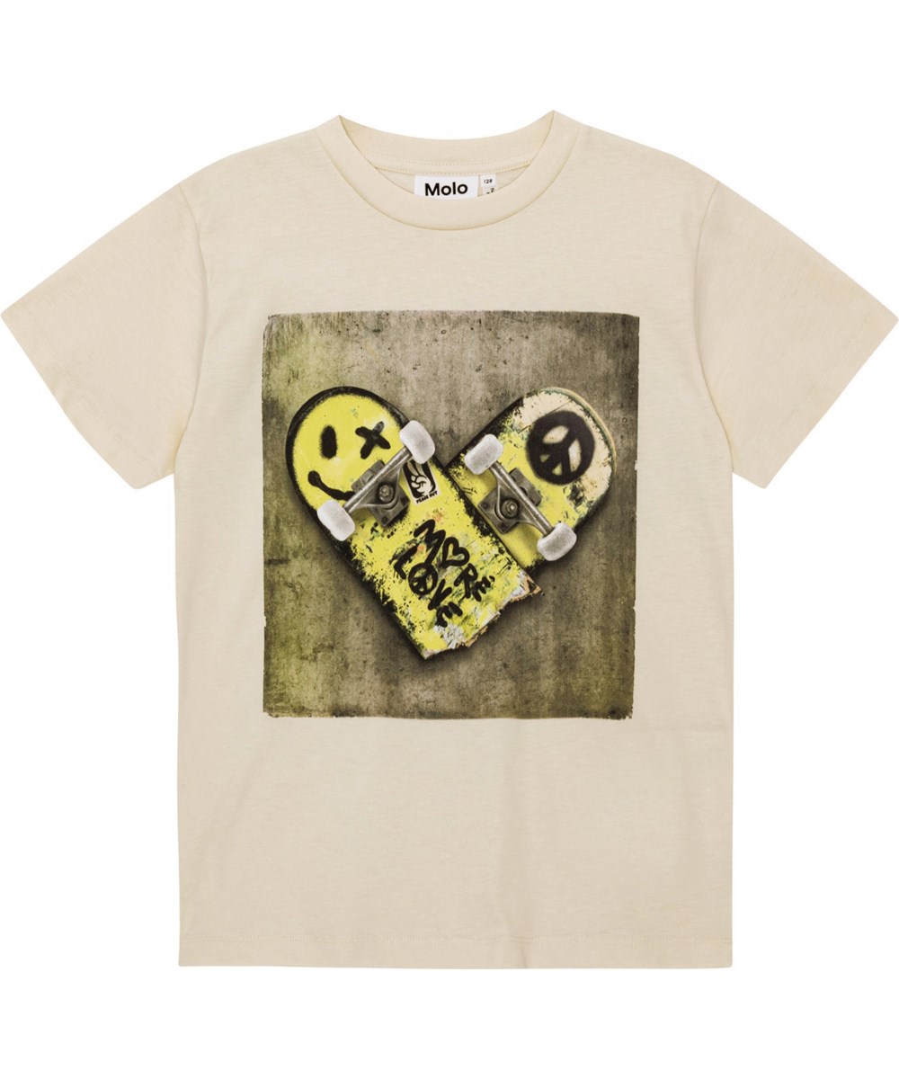 Riley - I Heart Skate - Beige, organic t-shirt with placement snapped stateboard print
