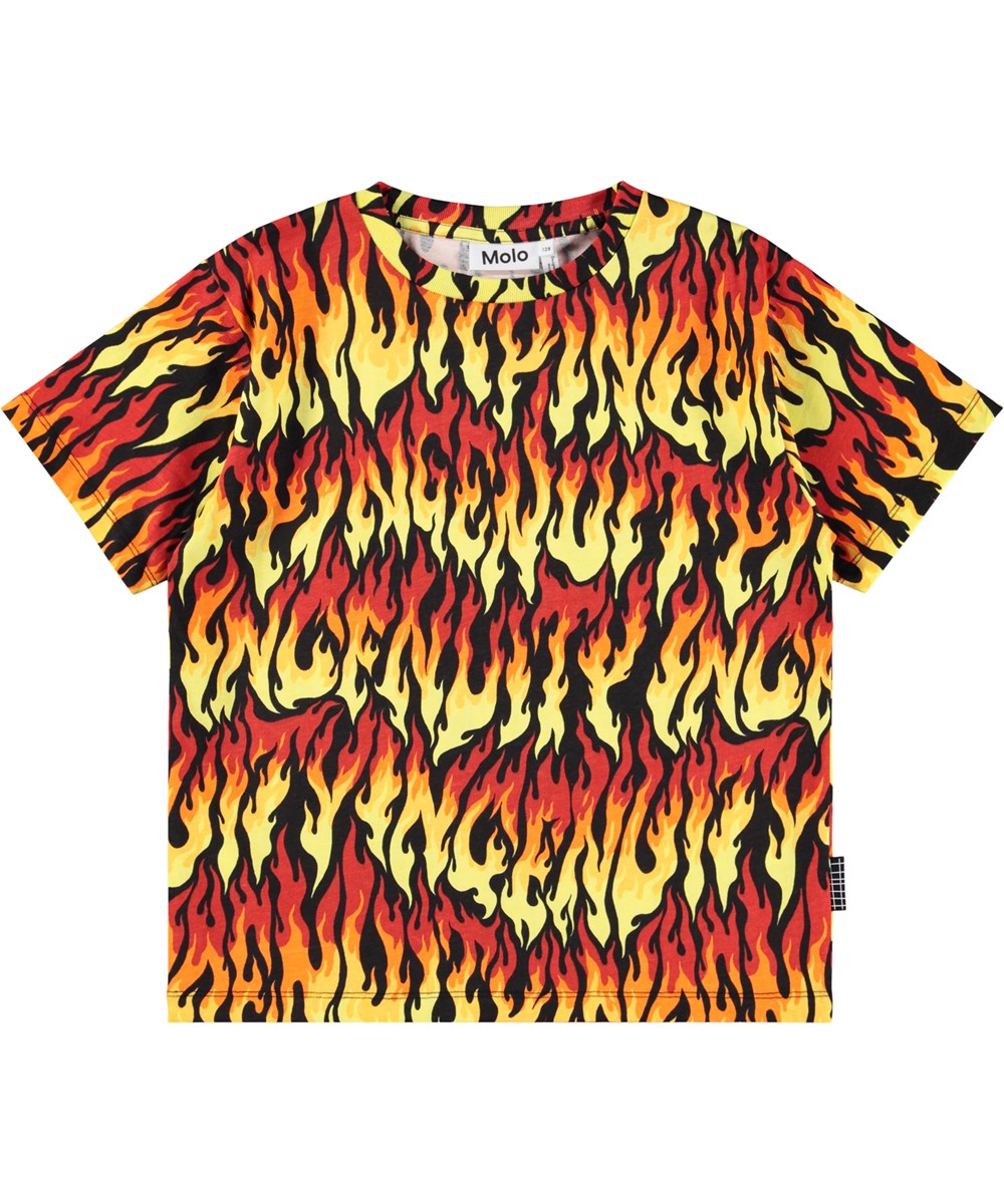 Riley - Ingenuity Hot - Yellow, black and red flame T-shirt for children made of soft organic cotton with print, short sleeves and a ribbed neckline.