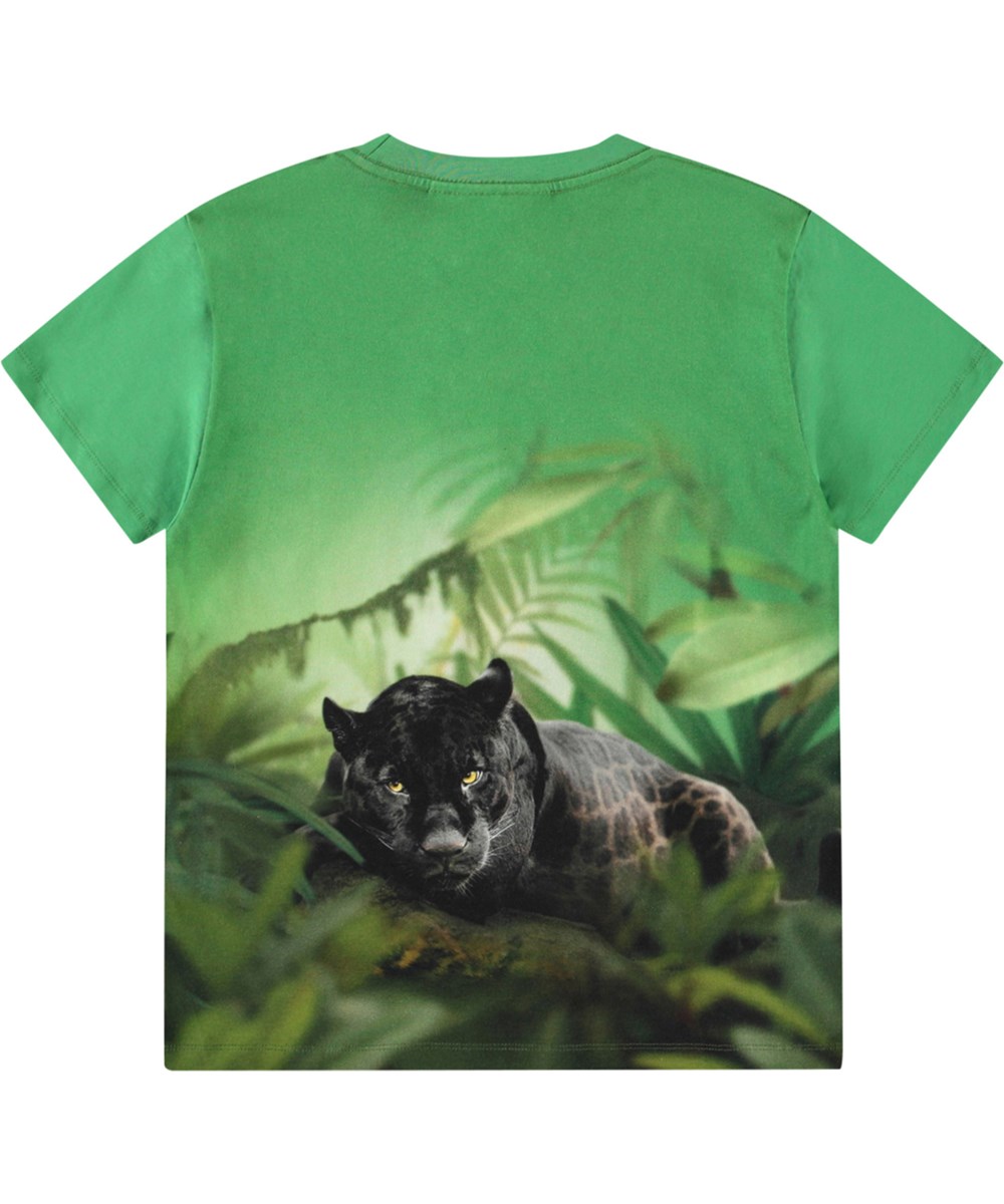 Riley - Jaguars - Green t-shirt with print for children in soft organic cotton with short sleeves and ribbed neckline.