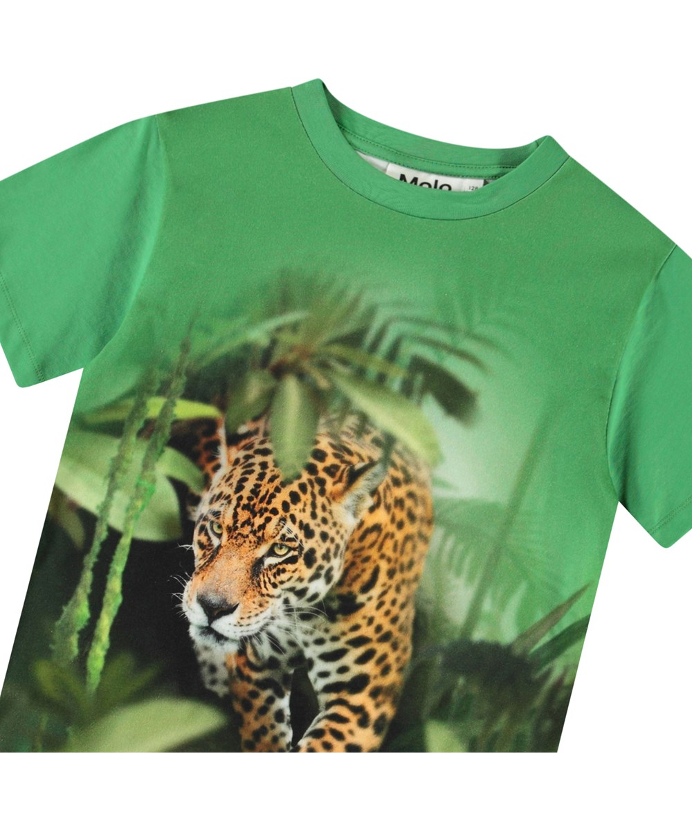 Riley - Jaguars - Green t-shirt with print for children in soft organic cotton with short sleeves and ribbed neckline.