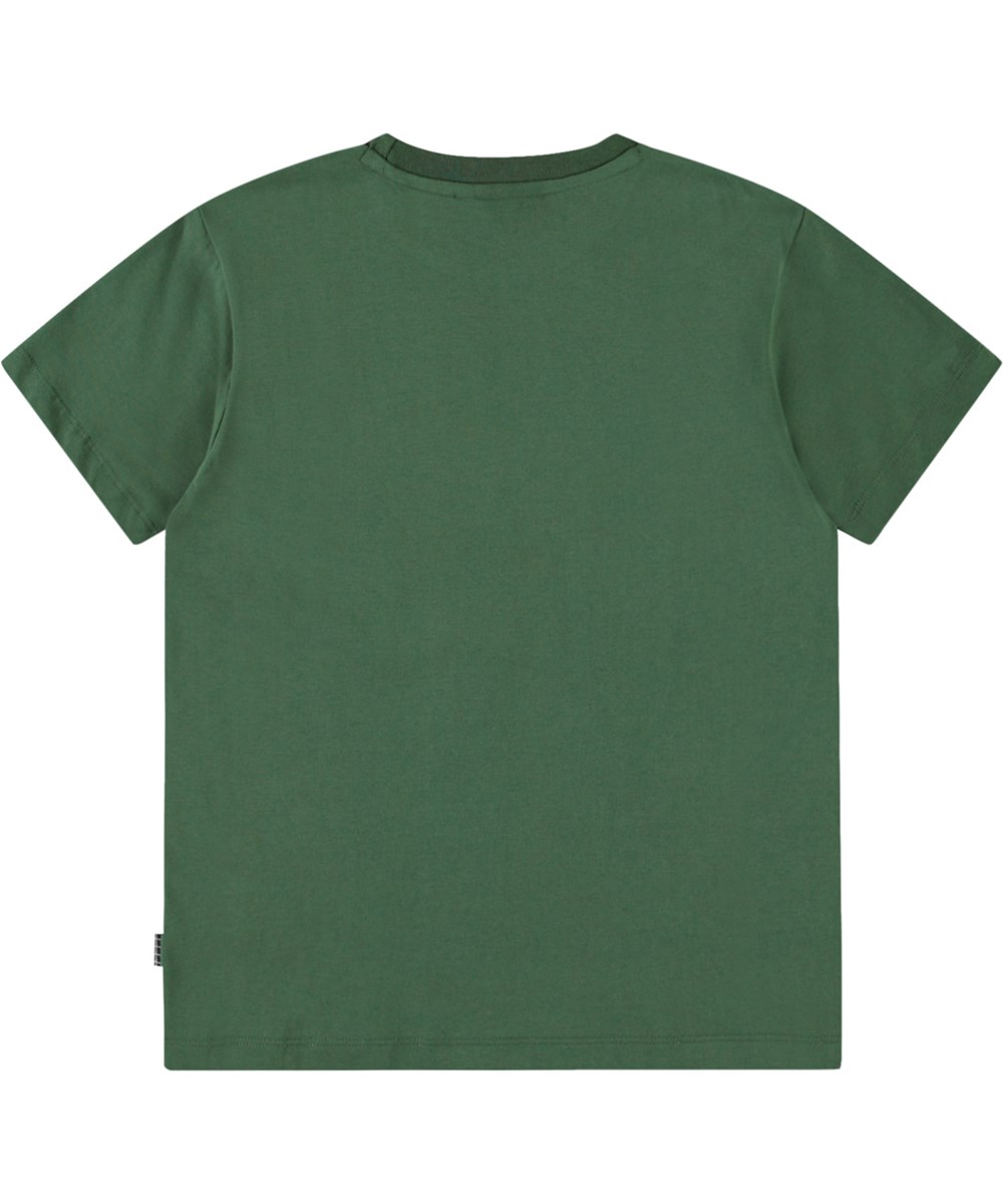 Riley - Jungle UFO - Dark green t-shirt with print for children in soft organic cotton with short sleeves and ribbed neckline.