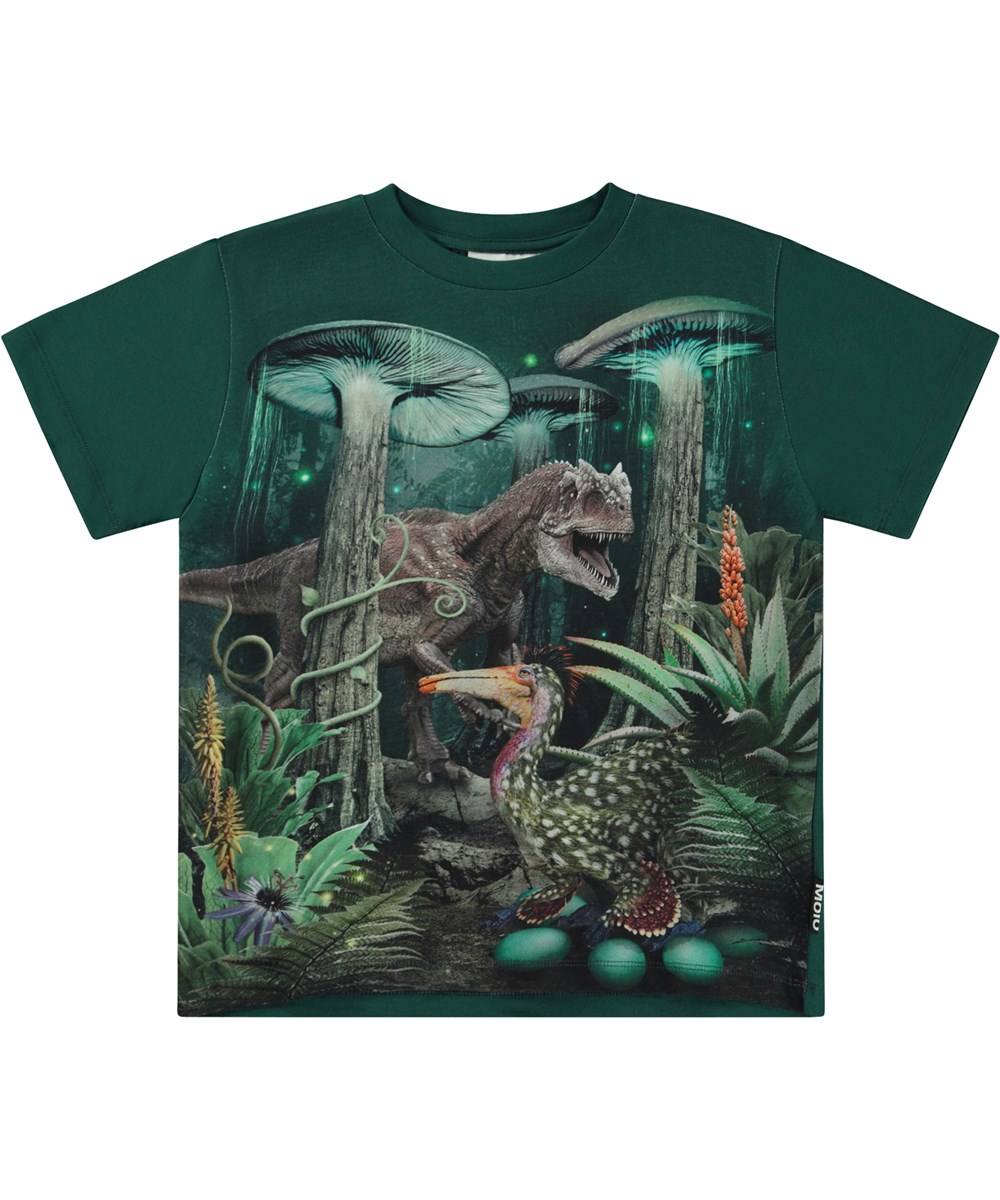 Riley - Magic Forest - Green organic t-shirt with mushrooms and dinosaur print
