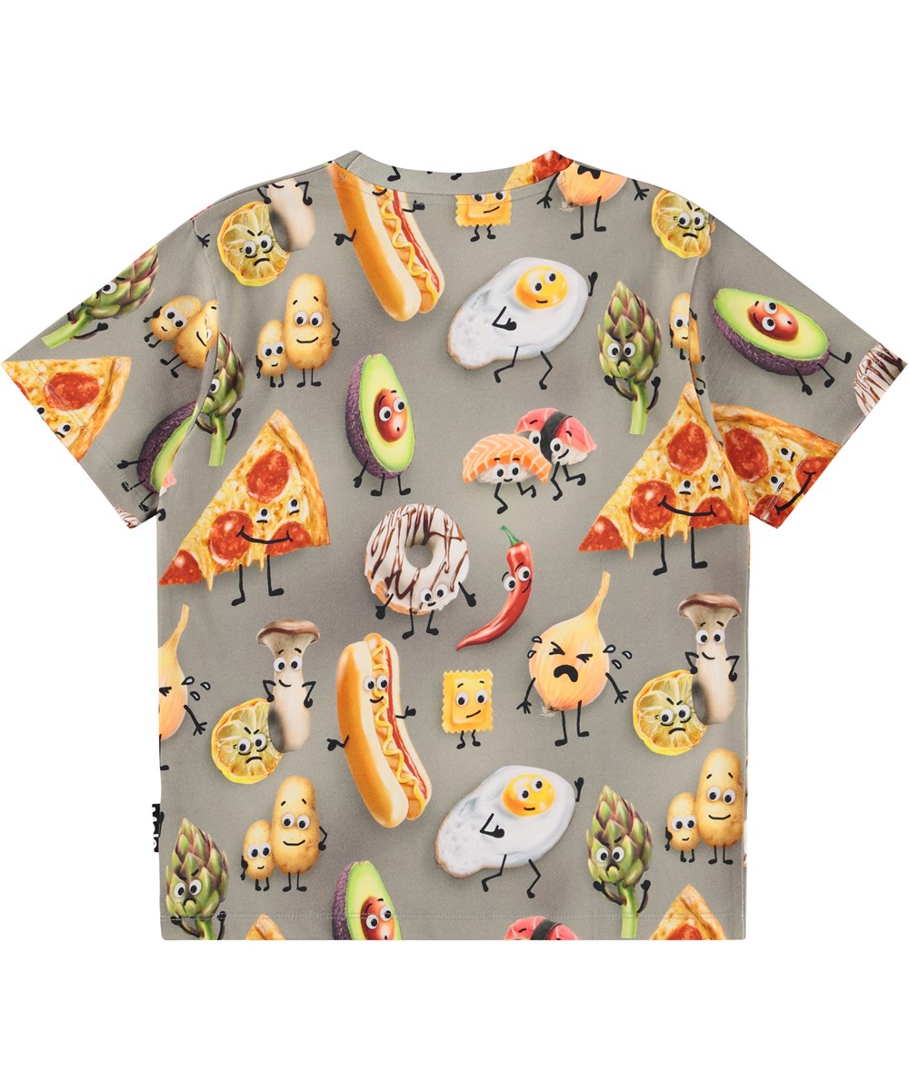 Riley - Moody Foods - Khaki-coloured T-shirt for children made of soft organic cotton with print, short sleeves and a ribbed neckline.