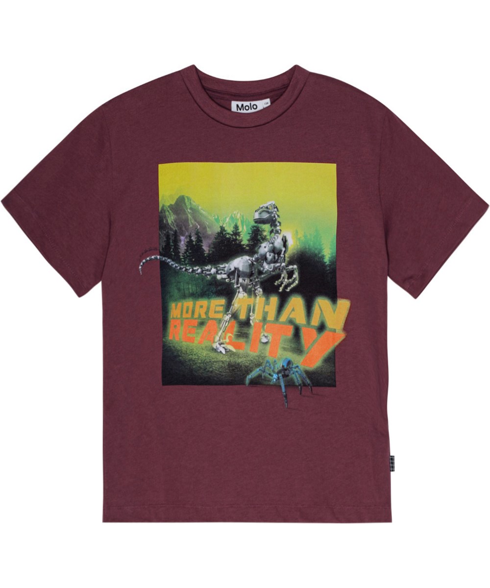 Riley - More Than___ - Bordeaux T-shirt in organic cotton with robot-dinosaur print.